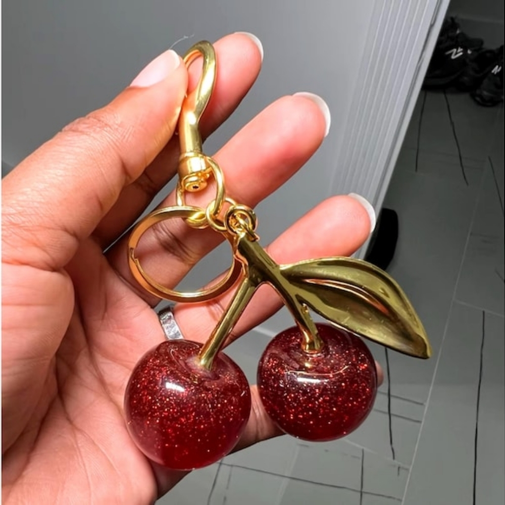 Cherry Keychain with Gold Accents